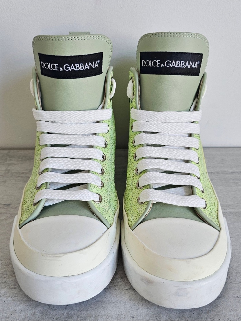 Dolce & Gabbana Lime Green Sequin Platform High-Top Sneakers